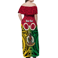 Personalised Vanuatu Off Shoulder Maxi Dress Pig Tusk Mix Maori Pattern and Namele Leaf LT03 - Polynesian Pride