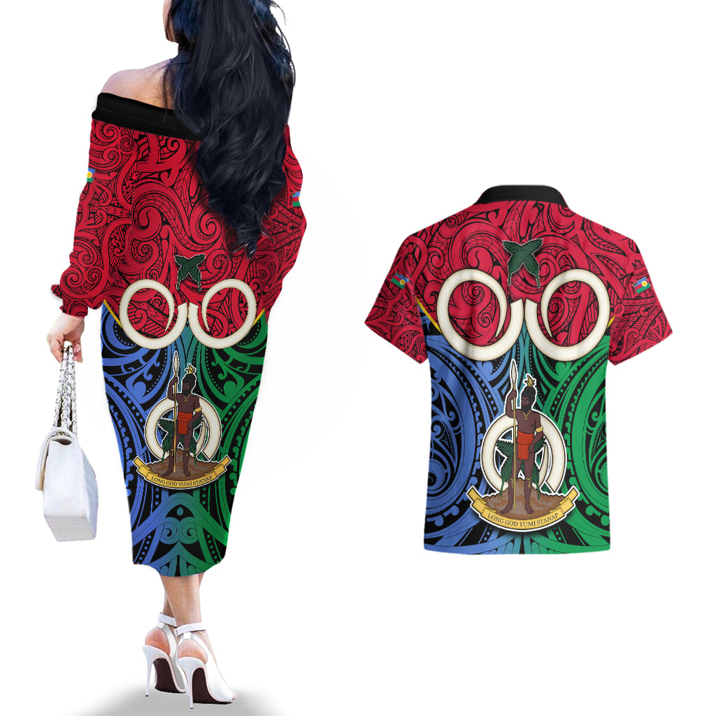 Vanuatu Shefa Province Couples Matching Off The Shoulder Long Sleeve Dress and Hawaiian Shirt Pig Tusk Mix Maori Pattern and Namele Leaf LT03 - Polynesian Pride