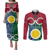 Vanuatu Shefa Province Couples Matching Puletasi Dress and Long Sleeve Button Shirts Pig Tusk Mix Maori Pattern and Namele Leaf LT03 Red - Polynesian Pride