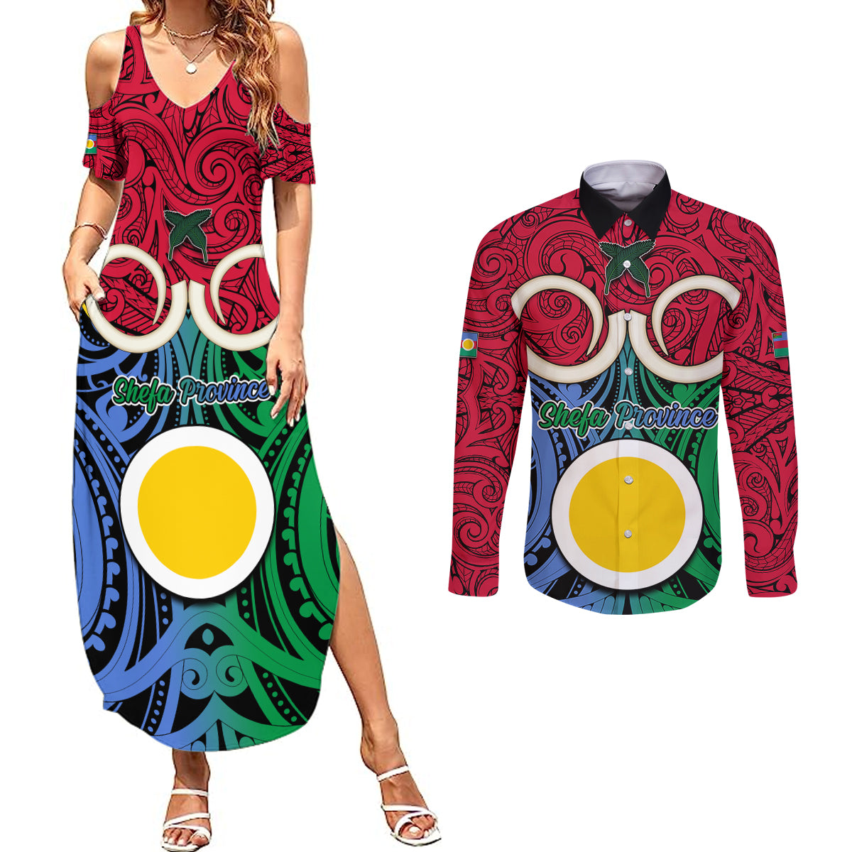Vanuatu Shefa Province Couples Matching Summer Maxi Dress and Long Sleeve Button Shirts Pig Tusk Mix Maori Pattern and Namele Leaf LT03 Red - Polynesian Pride