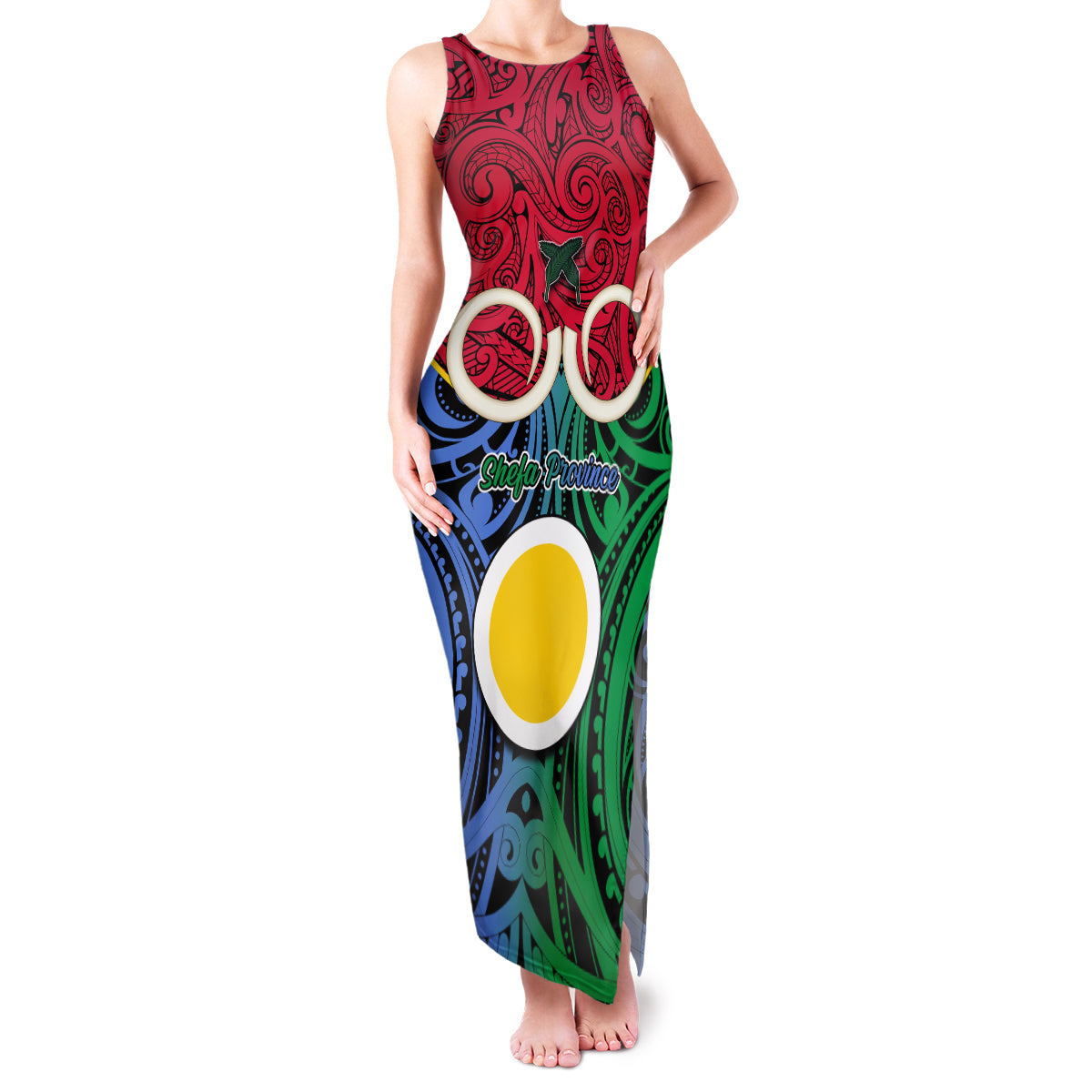 Vanuatu Shefa Province Family Matching Tank Maxi Dress and Hawaiian Shirt Pig Tusk Mix Maori Pattern and Namele Leaf LT03 Mom's Dress Red - Polynesian Pride