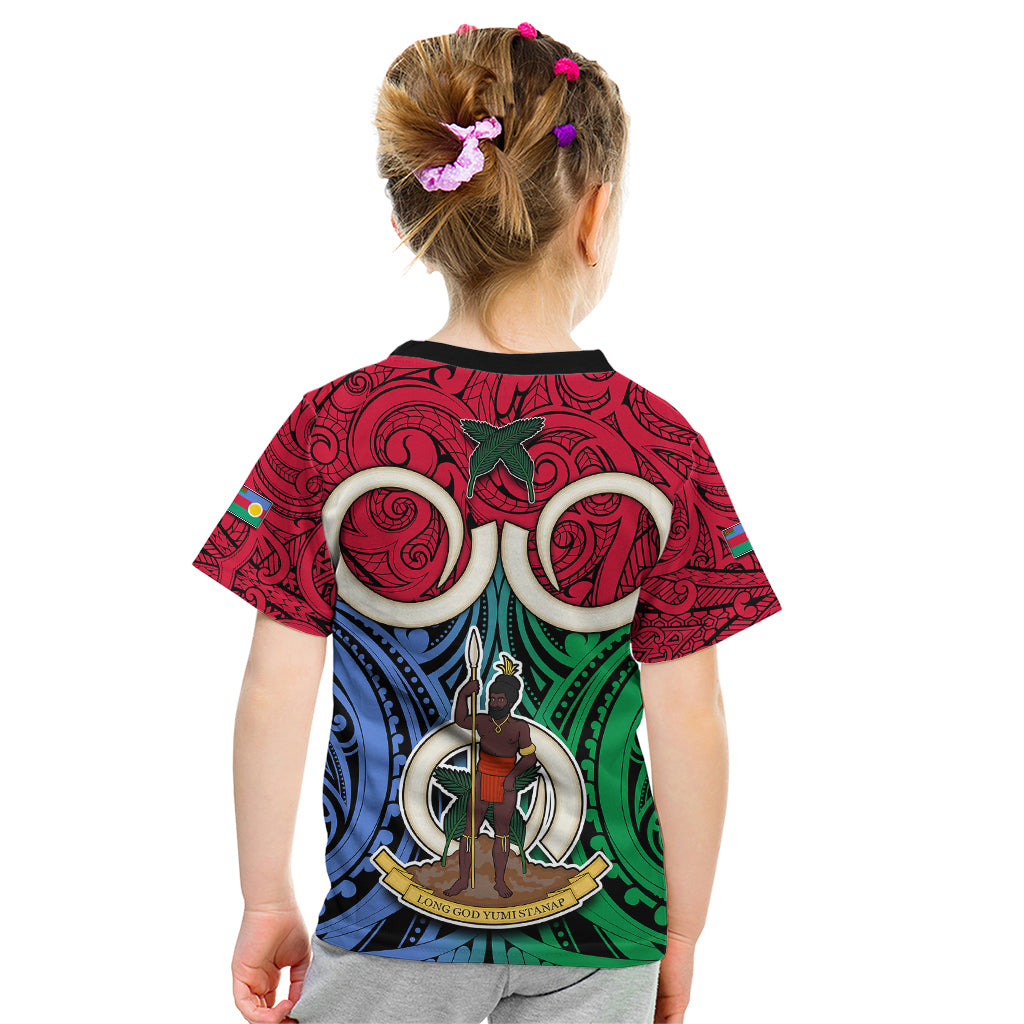 Vanuatu Shefa Province Kid T Shirt Pig Tusk Mix Maori Pattern and Namele Leaf LT03 - Polynesian Pride