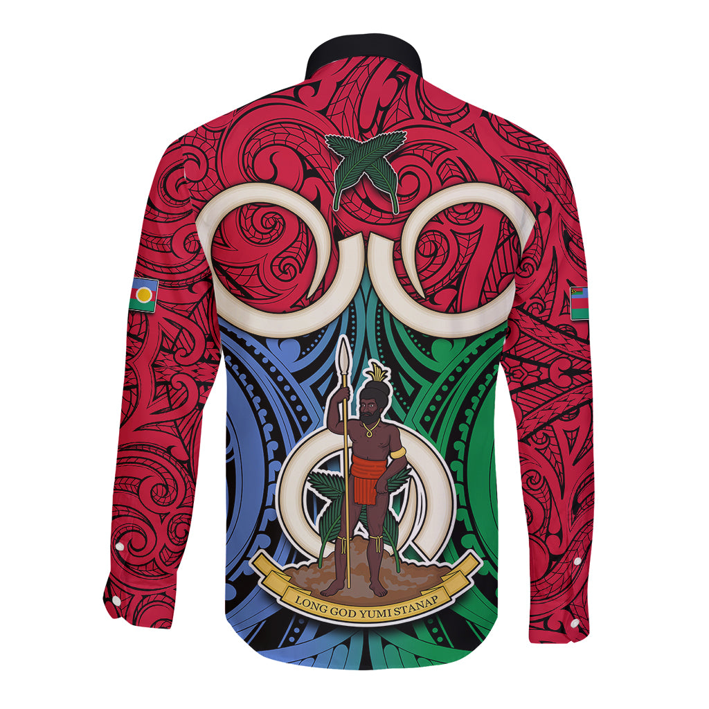 Vanuatu Shefa Province Long Sleeve Button Shirt Pig Tusk Mix Maori Pattern and Namele Leaf LT03 - Polynesian Pride