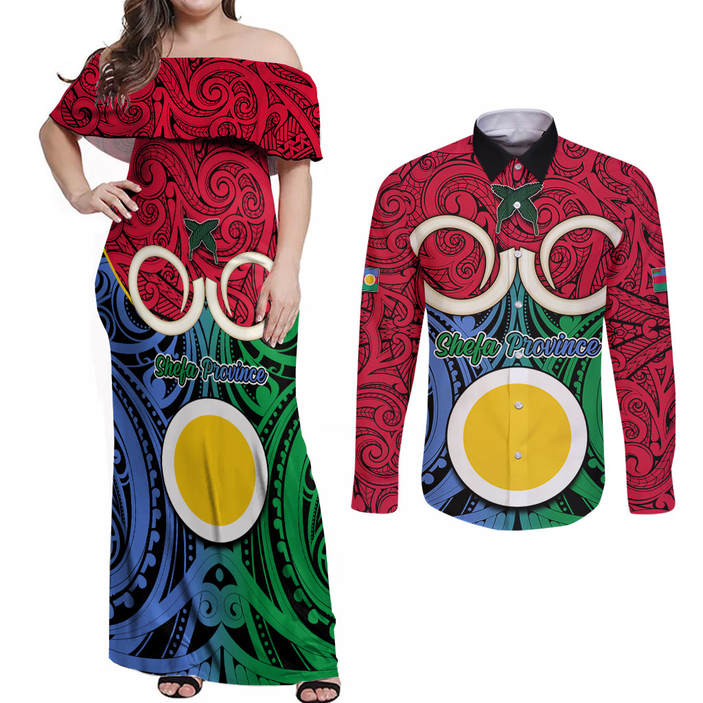 Personalised Vanuatu Shefa Province Couples Matching Off Shoulder Maxi Dress and Long Sleeve Button Shirts Pig Tusk Mix Maori Pattern and Namele Leaf LT03 Red - Polynesian Pride
