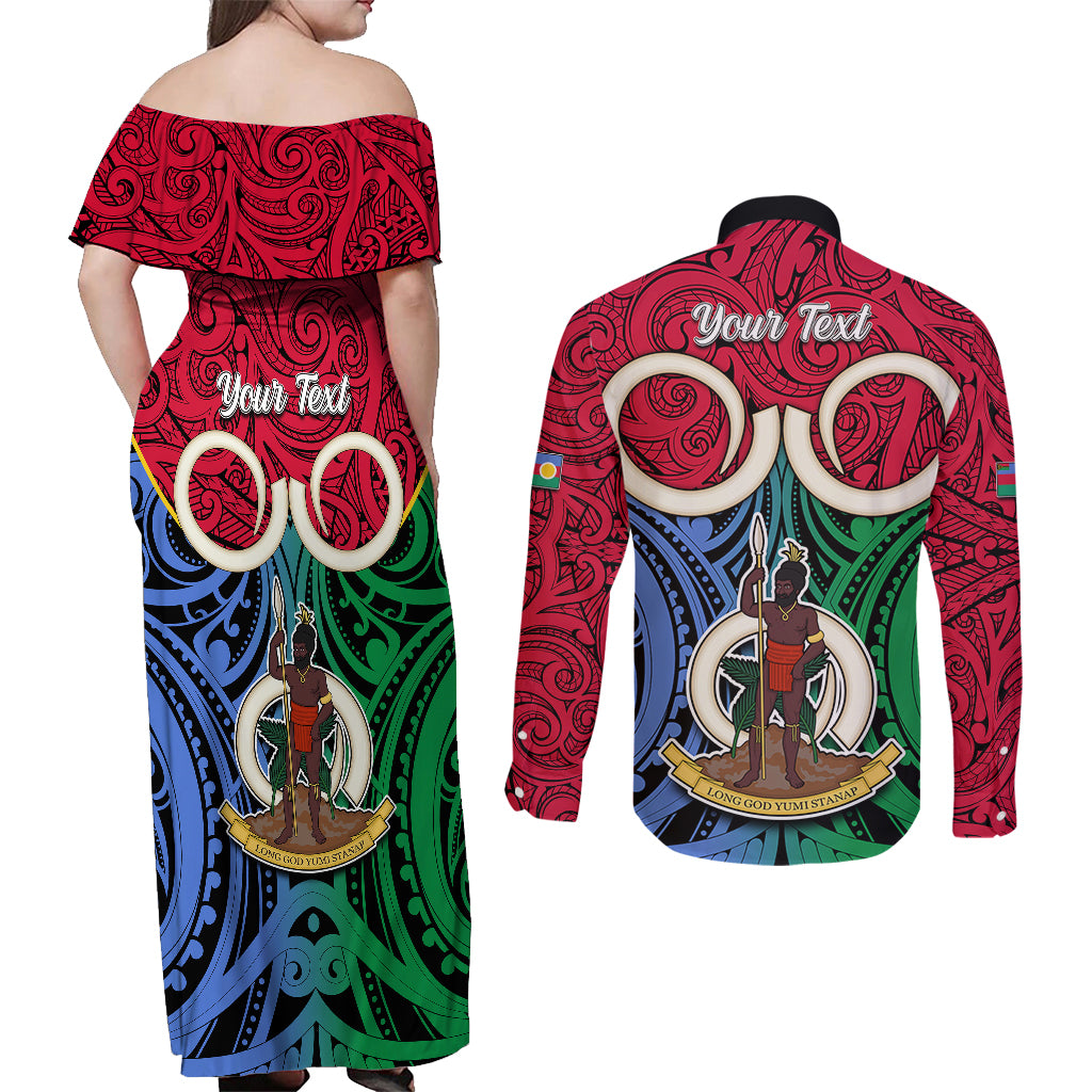 Personalised Vanuatu Shefa Province Couples Matching Off Shoulder Maxi Dress and Long Sleeve Button Shirts Pig Tusk Mix Maori Pattern and Namele Leaf LT03 - Polynesian Pride
