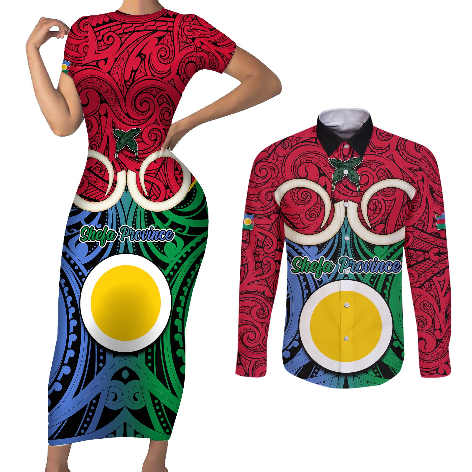 Personalised Vanuatu Shefa Province Couples Matching Short Sleeve Bodycon Dress and Long Sleeve Button Shirts Pig Tusk Mix Maori Pattern and Namele Leaf LT03 Red - Polynesian Pride