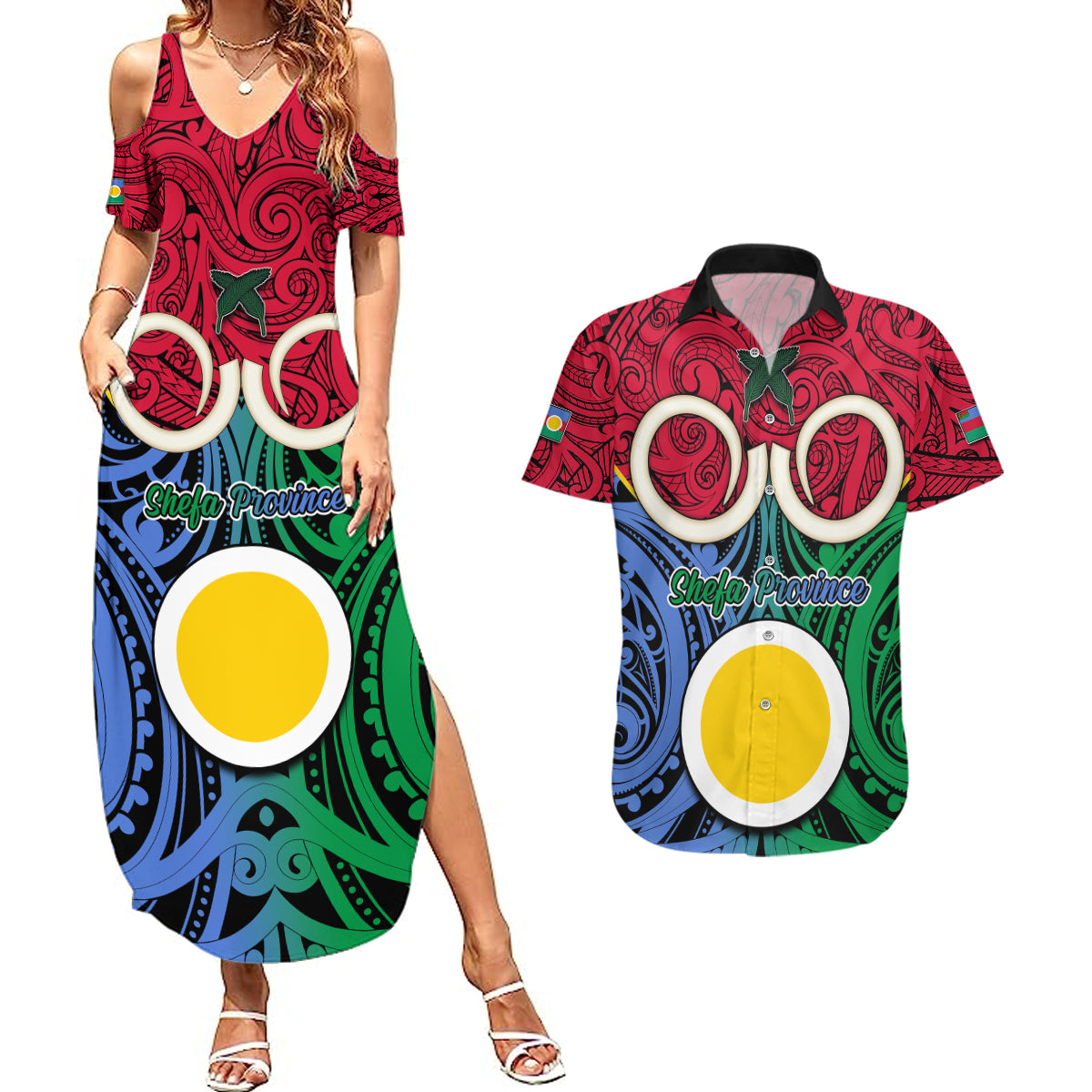 Personalised Vanuatu Shefa Province Couples Matching Summer Maxi Dress and Hawaiian Shirt Pig Tusk Mix Maori Pattern and Namele Leaf LT03 Red - Polynesian Pride