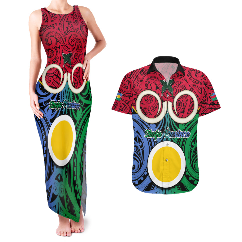 Personalised Vanuatu Shefa Province Couples Matching Tank Maxi Dress and Hawaiian Shirt Pig Tusk Mix Maori Pattern and Namele Leaf LT03 Red - Polynesian Pride