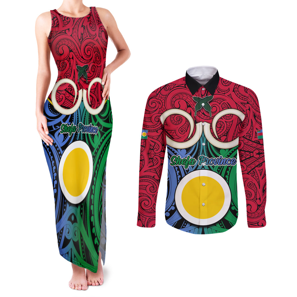 Personalised Vanuatu Shefa Province Couples Matching Tank Maxi Dress and Long Sleeve Button Shirts Pig Tusk Mix Maori Pattern and Namele Leaf LT03 Red - Polynesian Pride