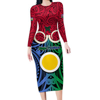 Personalised Vanuatu Shefa Province Family Matching Long Sleeve Bodycon Dress and Hawaiian Shirt Pig Tusk Mix Maori Pattern and Namele Leaf LT03 Mom's Dress Red - Polynesian Pride