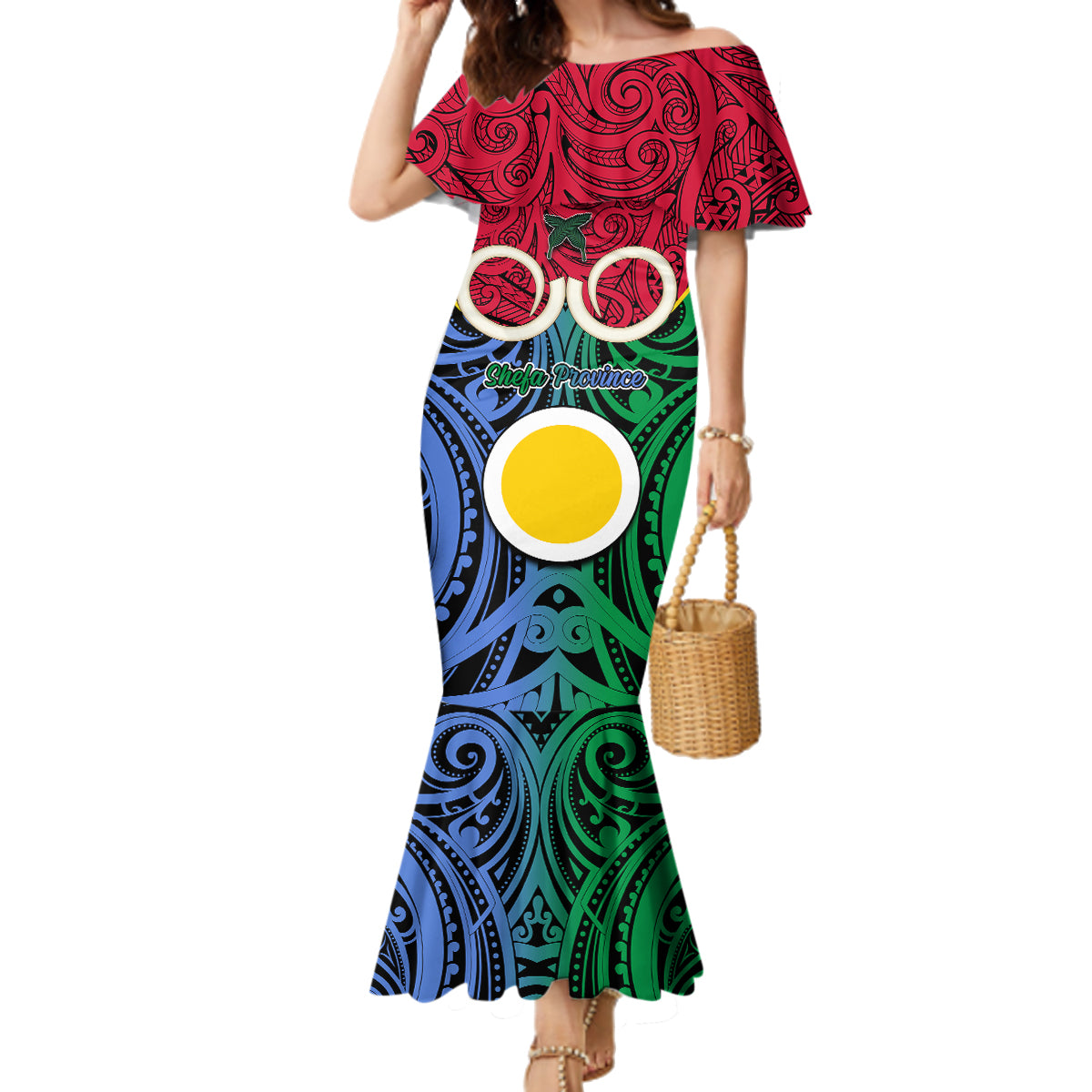 Personalised Vanuatu Shefa Province Family Matching Mermaid Dress and Hawaiian Shirt Pig Tusk Mix Maori Pattern and Namele Leaf LT03 Mom's Dress Red - Polynesian Pride