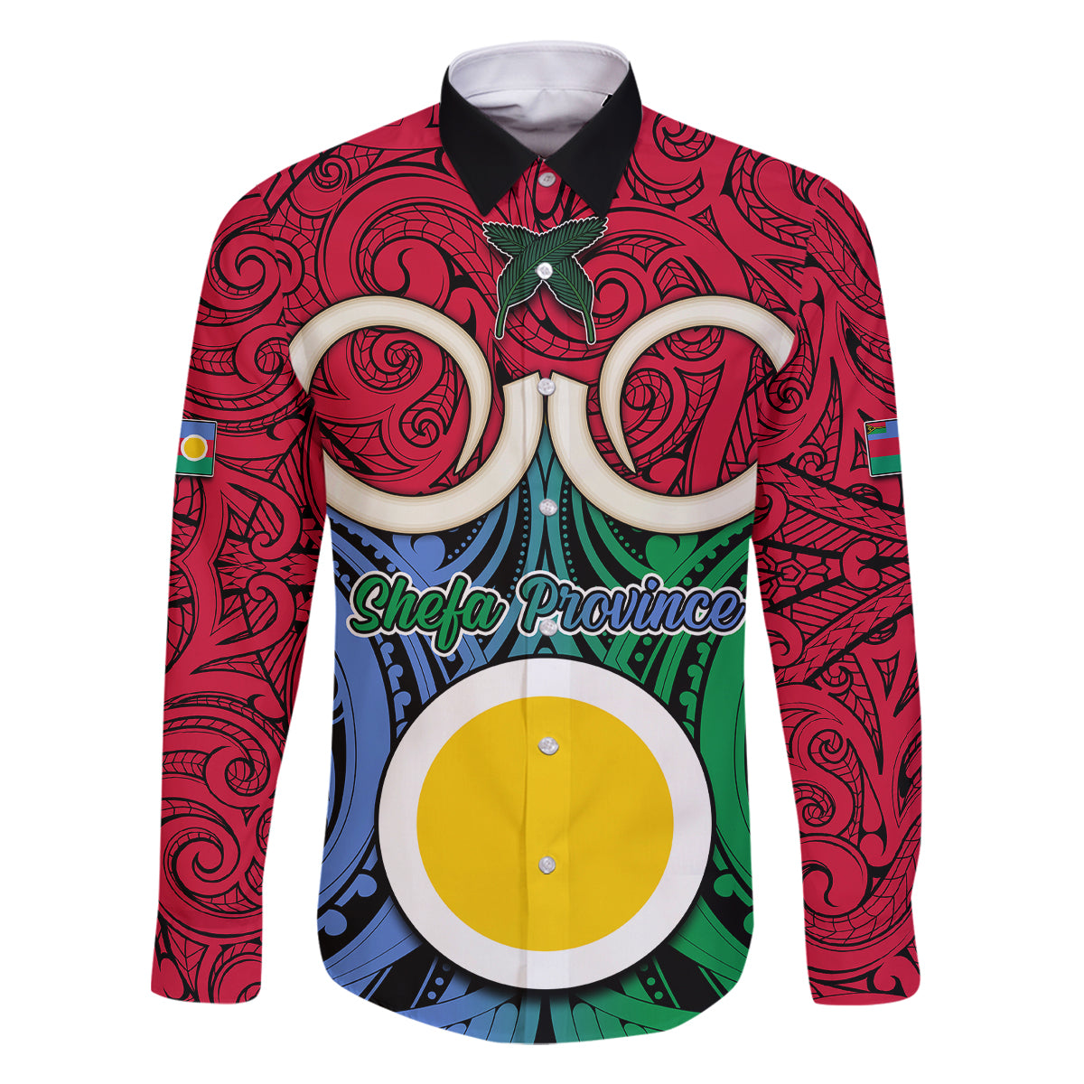 Personalised Vanuatu Shefa Province Family Matching Off Shoulder Long Sleeve Dress and Hawaiian Shirt Pig Tusk Mix Maori Pattern and Namele Leaf LT03 Dad's Shirt - Long Sleeve Red - Polynesian Pride