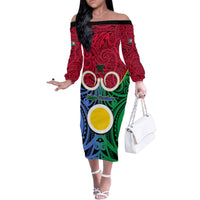 Personalised Vanuatu Shefa Province Family Matching Off Shoulder Long Sleeve Dress and Hawaiian Shirt Pig Tusk Mix Maori Pattern and Namele Leaf LT03 Mom's Dress Red - Polynesian Pride
