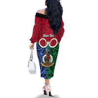 Personalised Vanuatu Shefa Province Family Matching Off Shoulder Long Sleeve Dress and Hawaiian Shirt Pig Tusk Mix Maori Pattern and Namele Leaf LT03 - Polynesian Pride