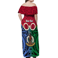 Personalised Vanuatu Shefa Province Off Shoulder Maxi Dress Pig Tusk Mix Maori Pattern and Namele Leaf LT03 - Polynesian Pride