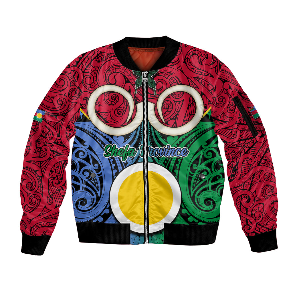 Personalised Vanuatu Shefa Province Sleeve Zip Bomber Jacket Pig Tusk Mix Maori Pattern and Namele Leaf LT03 Unisex Red - Polynesian Pride