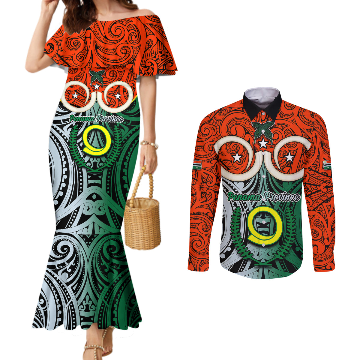 Vanuatu Penama Province Couples Matching Mermaid Dress and Long Sleeve Button Shirts Pig Tusk Mix Maori Pattern and Namele Leaf LT03 Orange - Polynesian Pride