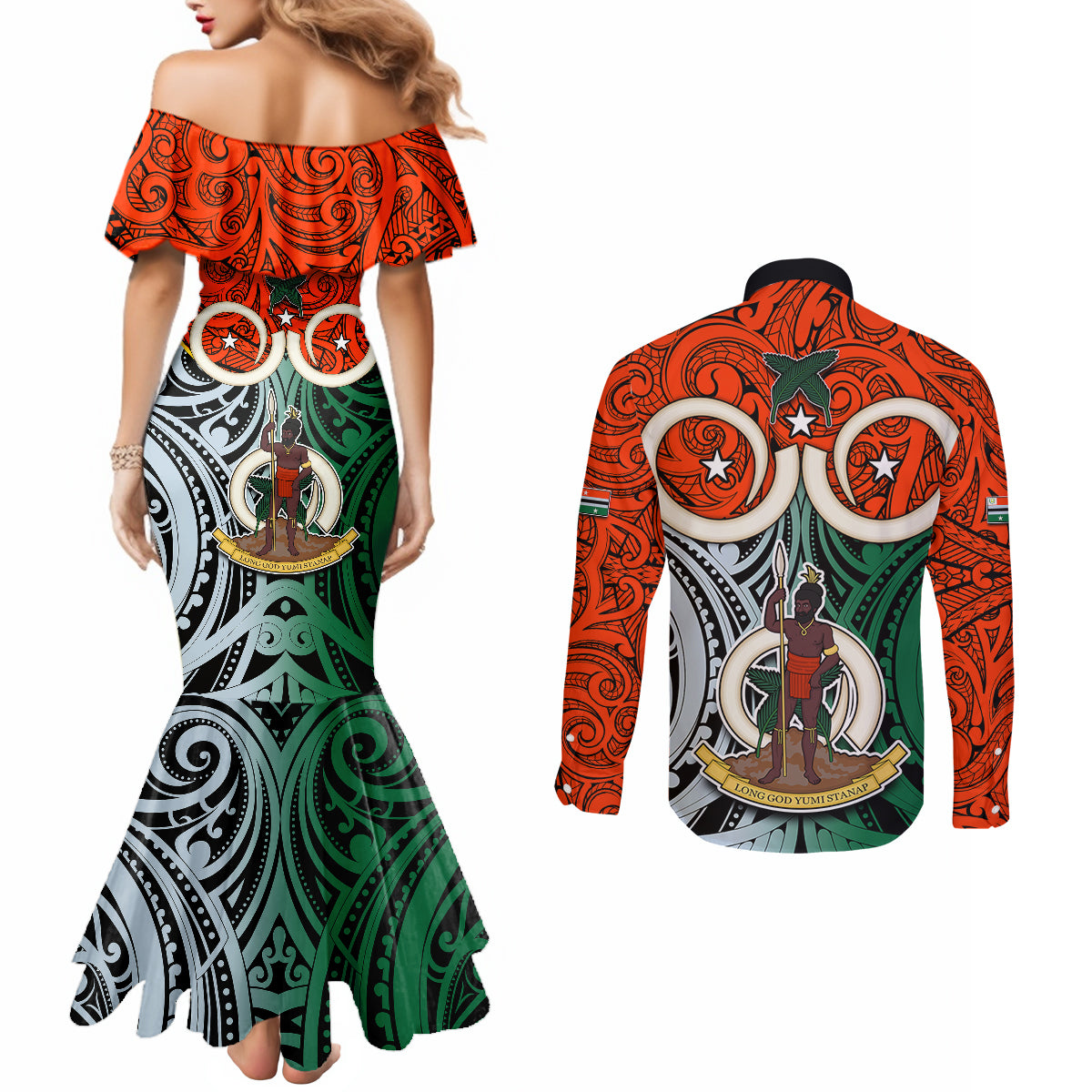 Vanuatu Penama Province Couples Matching Mermaid Dress and Long Sleeve Button Shirts Pig Tusk Mix Maori Pattern and Namele Leaf LT03 - Polynesian Pride