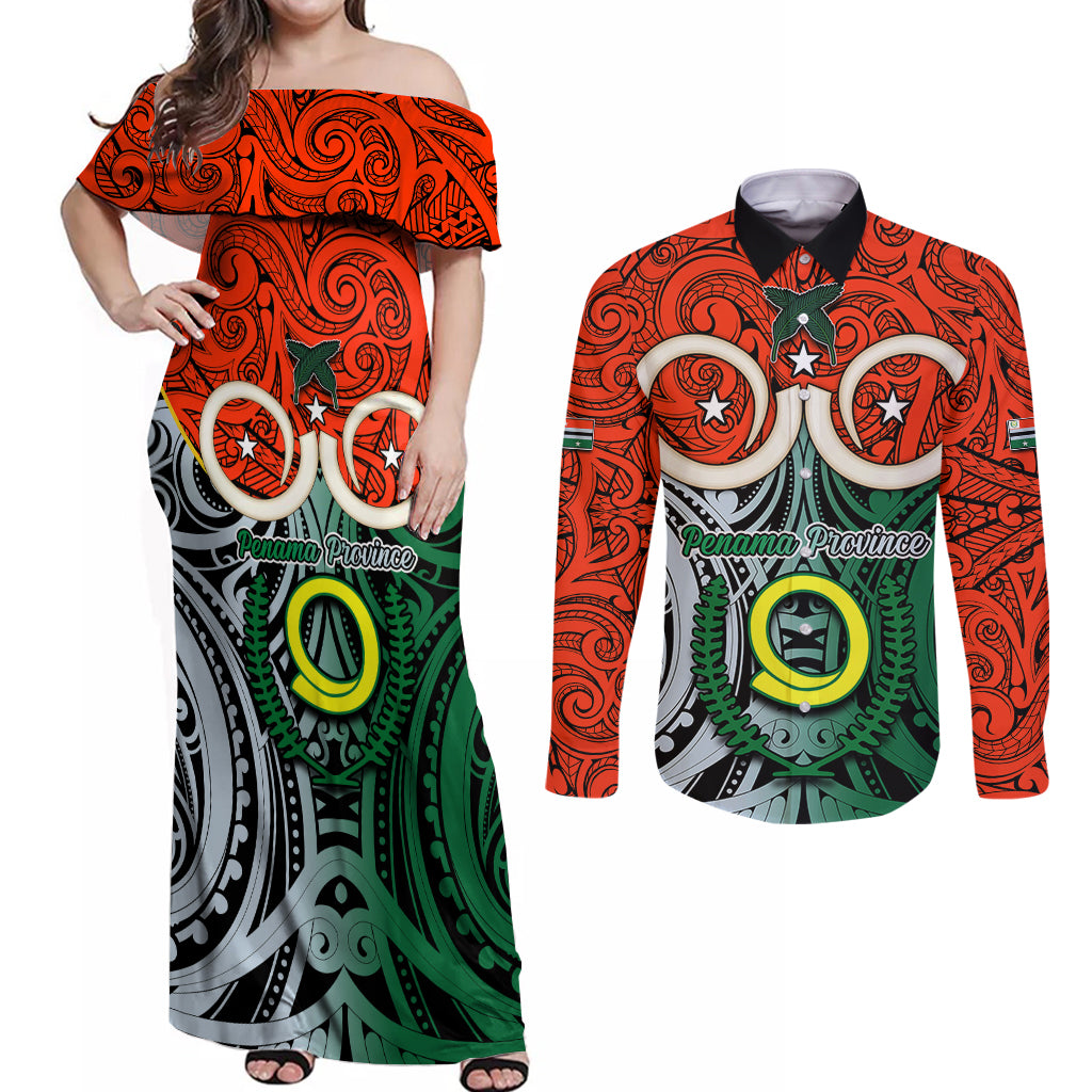 Vanuatu Penama Province Couples Matching Off Shoulder Maxi Dress and Long Sleeve Button Shirts Pig Tusk Mix Maori Pattern and Namele Leaf LT03 Orange - Polynesian Pride