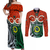 Vanuatu Penama Province Couples Matching Off Shoulder Maxi Dress and Long Sleeve Button Shirts Pig Tusk Mix Maori Pattern and Namele Leaf LT03 Orange - Polynesian Pride