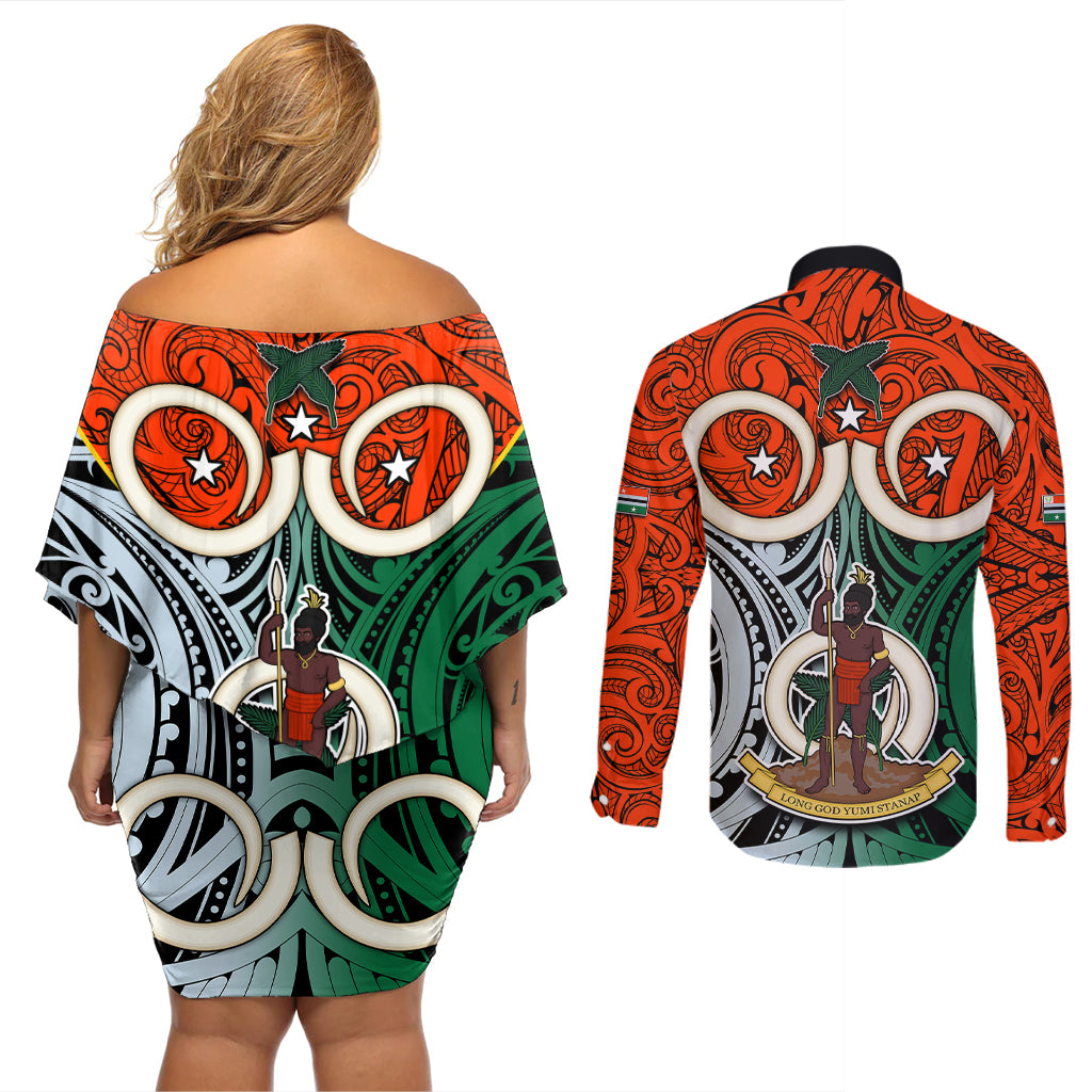 Vanuatu Penama Province Couples Matching Off Shoulder Short Dress and Long Sleeve Button Shirts Pig Tusk Mix Maori Pattern and Namele Leaf LT03 - Polynesian Pride