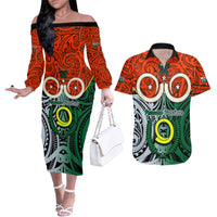 Vanuatu Penama Province Couples Matching Off The Shoulder Long Sleeve Dress and Hawaiian Shirt Pig Tusk Mix Maori Pattern and Namele Leaf LT03 Orange - Polynesian Pride