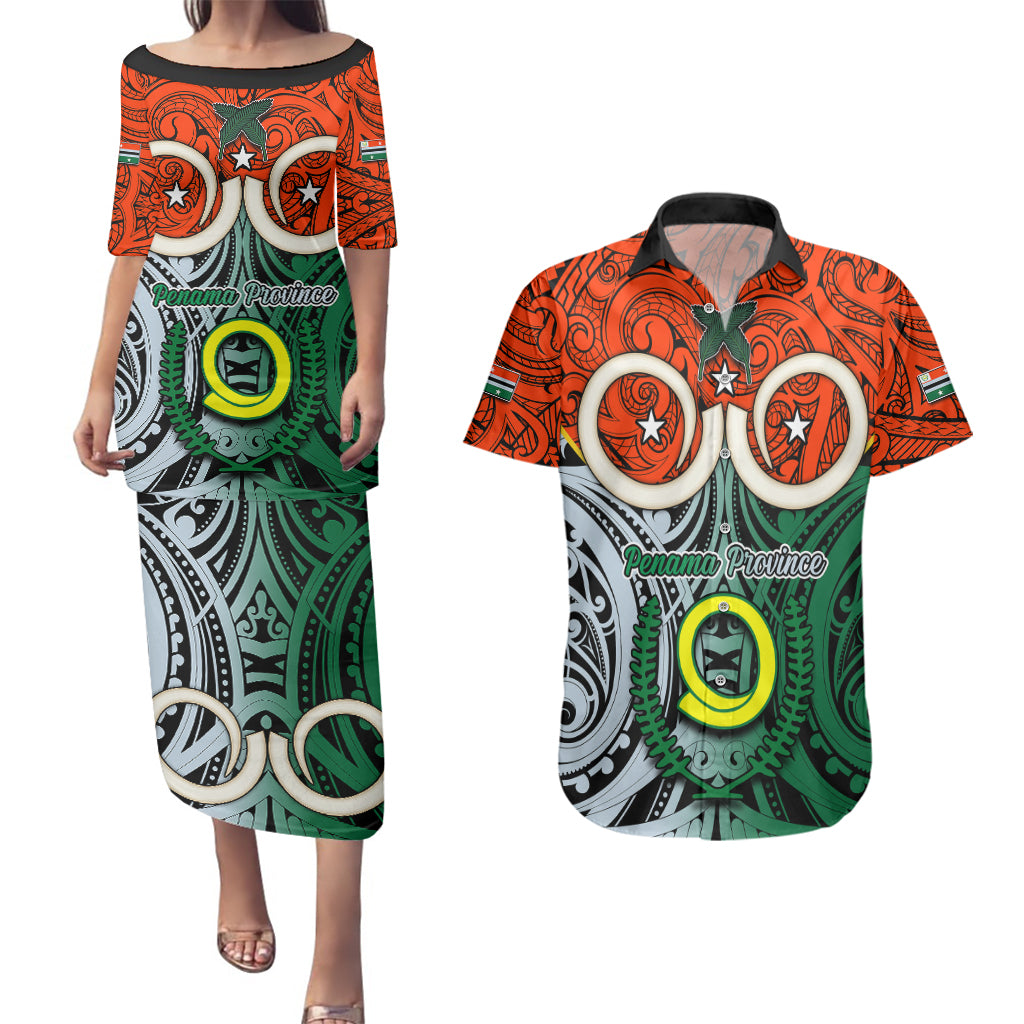 Vanuatu Penama Province Couples Matching Puletasi Dress and Hawaiian Shirt Pig Tusk Mix Maori Pattern and Namele Leaf LT03 Orange - Polynesian Pride