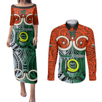 Vanuatu Penama Province Couples Matching Puletasi Dress and Long Sleeve Button Shirts Pig Tusk Mix Maori Pattern and Namele Leaf LT03 Orange - Polynesian Pride