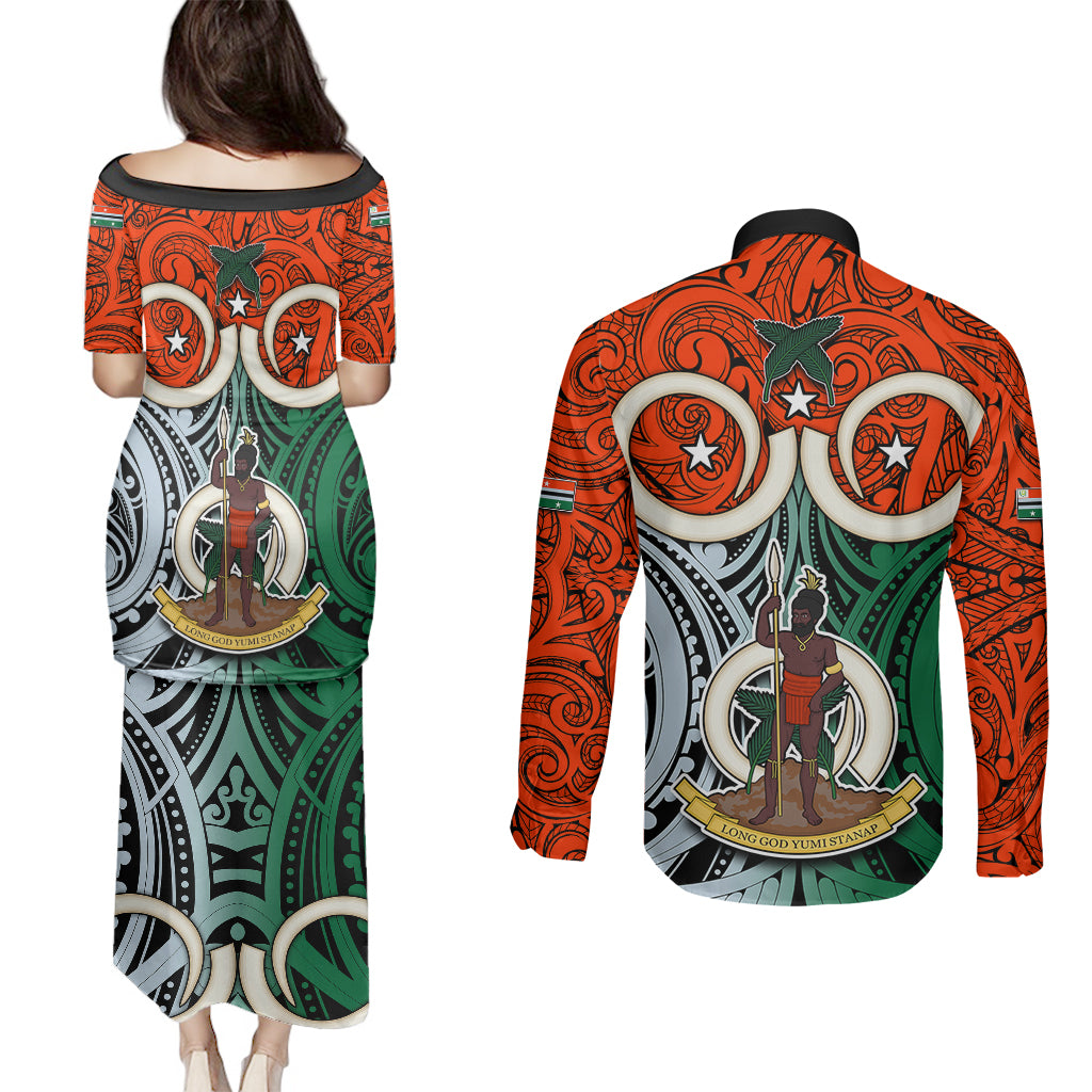 Vanuatu Penama Province Couples Matching Puletasi Dress and Long Sleeve Button Shirts Pig Tusk Mix Maori Pattern and Namele Leaf LT03 - Polynesian Pride