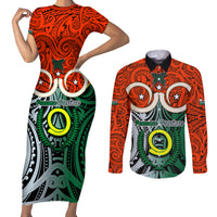 Vanuatu Penama Province Couples Matching Short Sleeve Bodycon Dress and Long Sleeve Button Shirts Pig Tusk Mix Maori Pattern and Namele Leaf LT03 Orange - Polynesian Pride