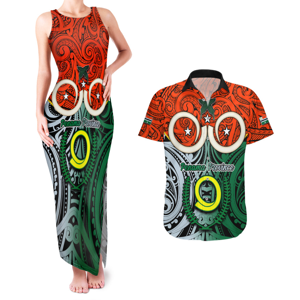 Vanuatu Penama Province Couples Matching Tank Maxi Dress and Hawaiian Shirt Pig Tusk Mix Maori Pattern and Namele Leaf LT03 Orange - Polynesian Pride
