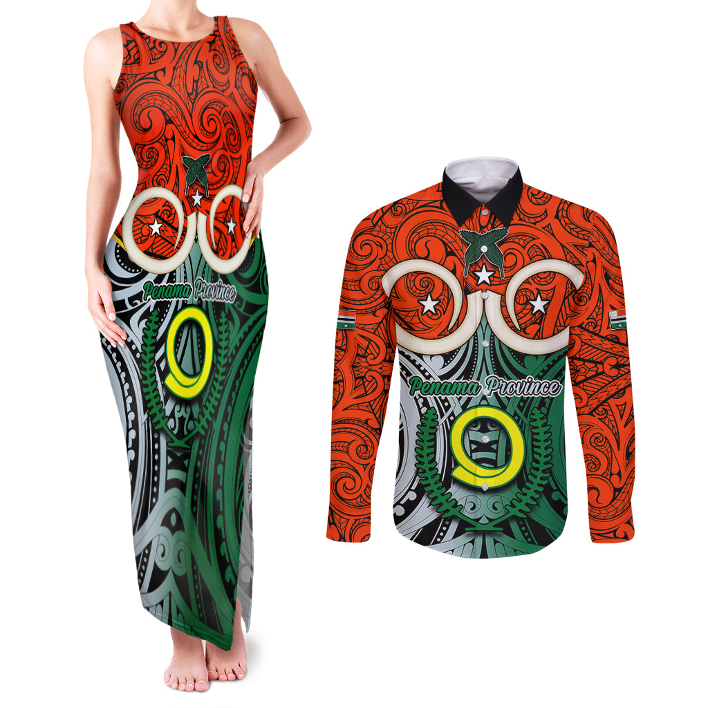 Vanuatu Penama Province Couples Matching Tank Maxi Dress and Long Sleeve Button Shirts Pig Tusk Mix Maori Pattern and Namele Leaf LT03 Orange - Polynesian Pride