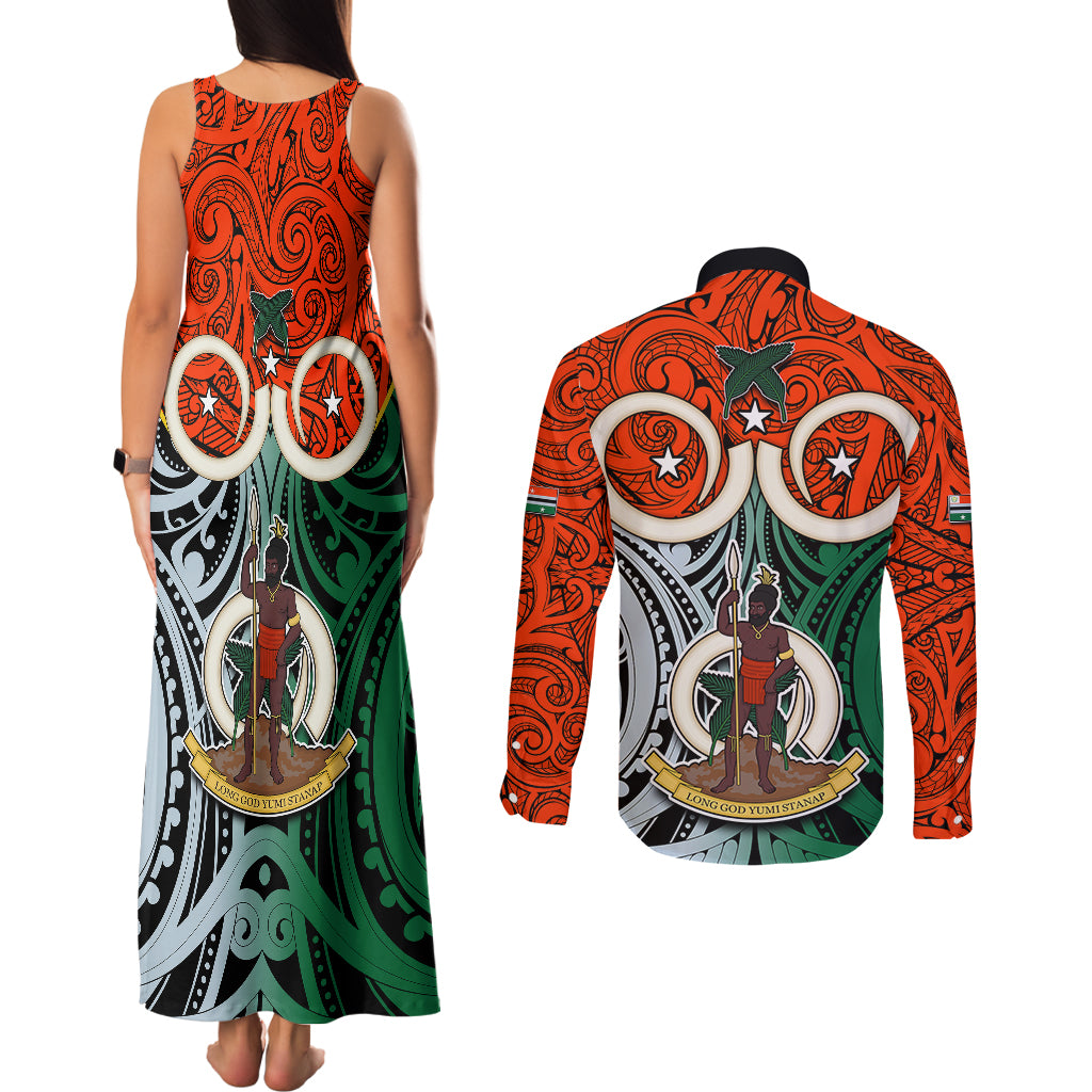 Vanuatu Penama Province Couples Matching Tank Maxi Dress and Long Sleeve Button Shirts Pig Tusk Mix Maori Pattern and Namele Leaf LT03 - Polynesian Pride