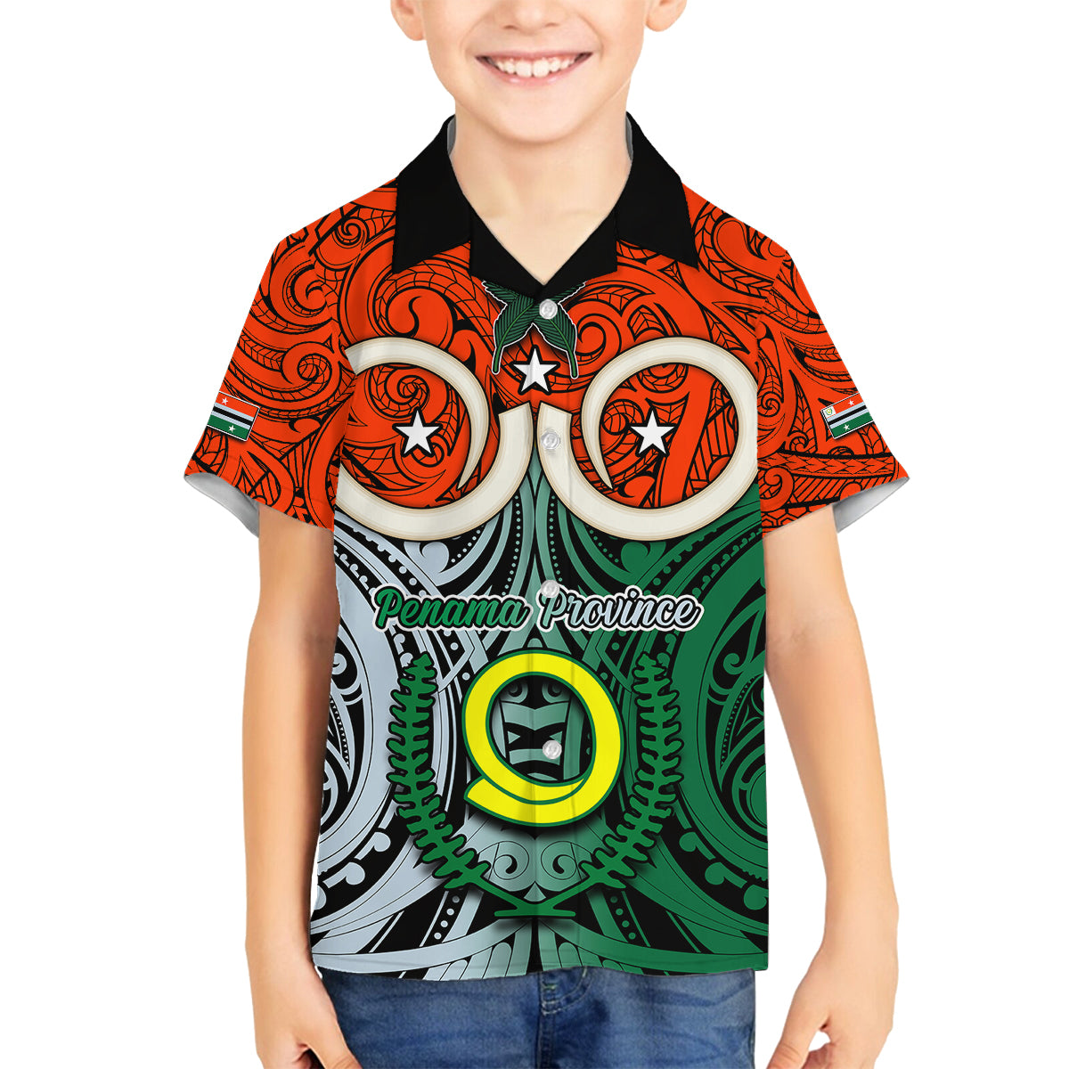 Vanuatu Penama Province Family Matching Mermaid Dress and Hawaiian Shirt Pig Tusk Mix Maori Pattern and Namele Leaf LT03 Son's Shirt Orange - Polynesian Pride