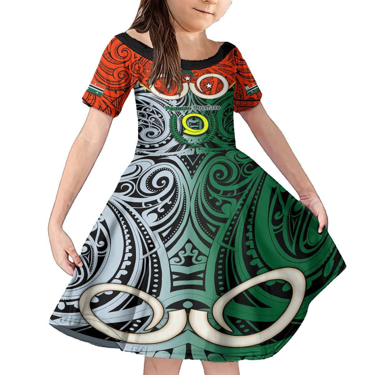Vanuatu Penama Province Family Matching Summer Maxi Dress and Hawaiian Shirt Pig Tusk Mix Maori Pattern and Namele Leaf LT03 Daughter's Dress Orange - Polynesian Pride