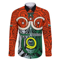Vanuatu Penama Province Family Matching Summer Maxi Dress and Hawaiian Shirt Pig Tusk Mix Maori Pattern and Namele Leaf LT03 Dad's Shirt - Long Sleeve Orange - Polynesian Pride