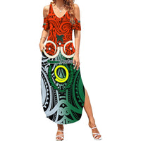 Vanuatu Penama Province Family Matching Summer Maxi Dress and Hawaiian Shirt Pig Tusk Mix Maori Pattern and Namele Leaf LT03 Mom's Dress Orange - Polynesian Pride