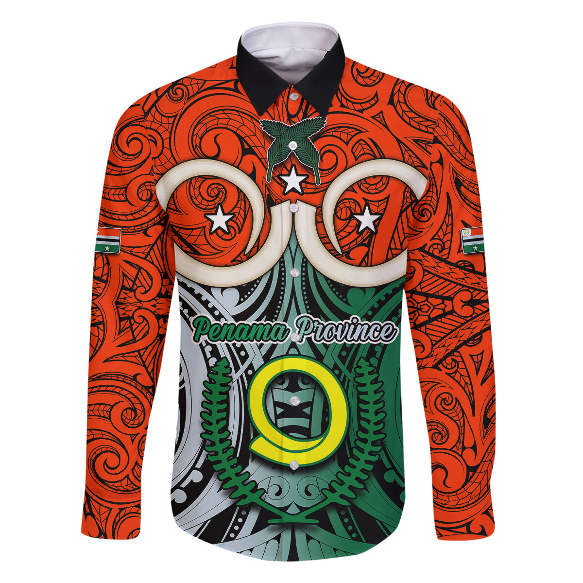 Vanuatu Penama Province Family Matching Tank Maxi Dress and Hawaiian Shirt Pig Tusk Mix Maori Pattern and Namele Leaf LT03 Dad's Shirt - Long Sleeve Orange - Polynesian Pride