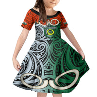 Vanuatu Penama Province Kid Short Sleeve Dress Pig Tusk Mix Maori Pattern and Namele Leaf LT03 KID Orange - Polynesian Pride