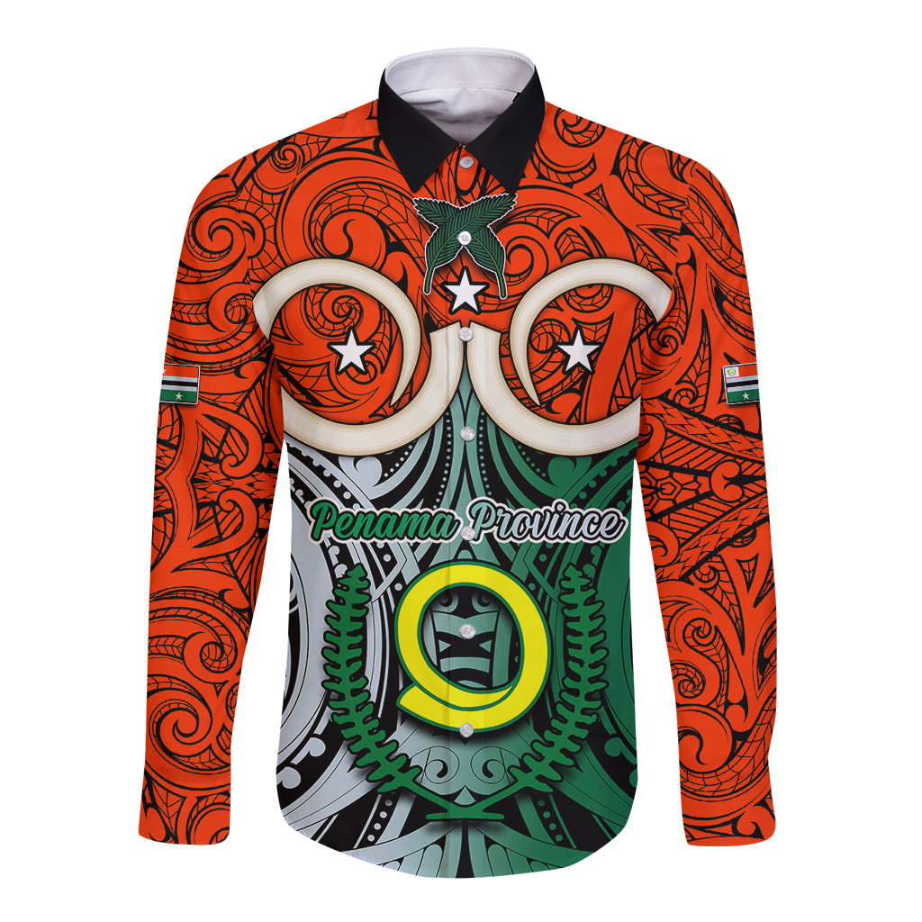 Vanuatu Penama Province Long Sleeve Button Shirt Pig Tusk Mix Maori Pattern and Namele Leaf LT03 Unisex Orange - Polynesian Pride