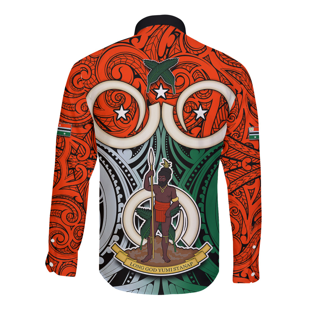 Vanuatu Penama Province Long Sleeve Button Shirt Pig Tusk Mix Maori Pattern and Namele Leaf LT03 - Polynesian Pride