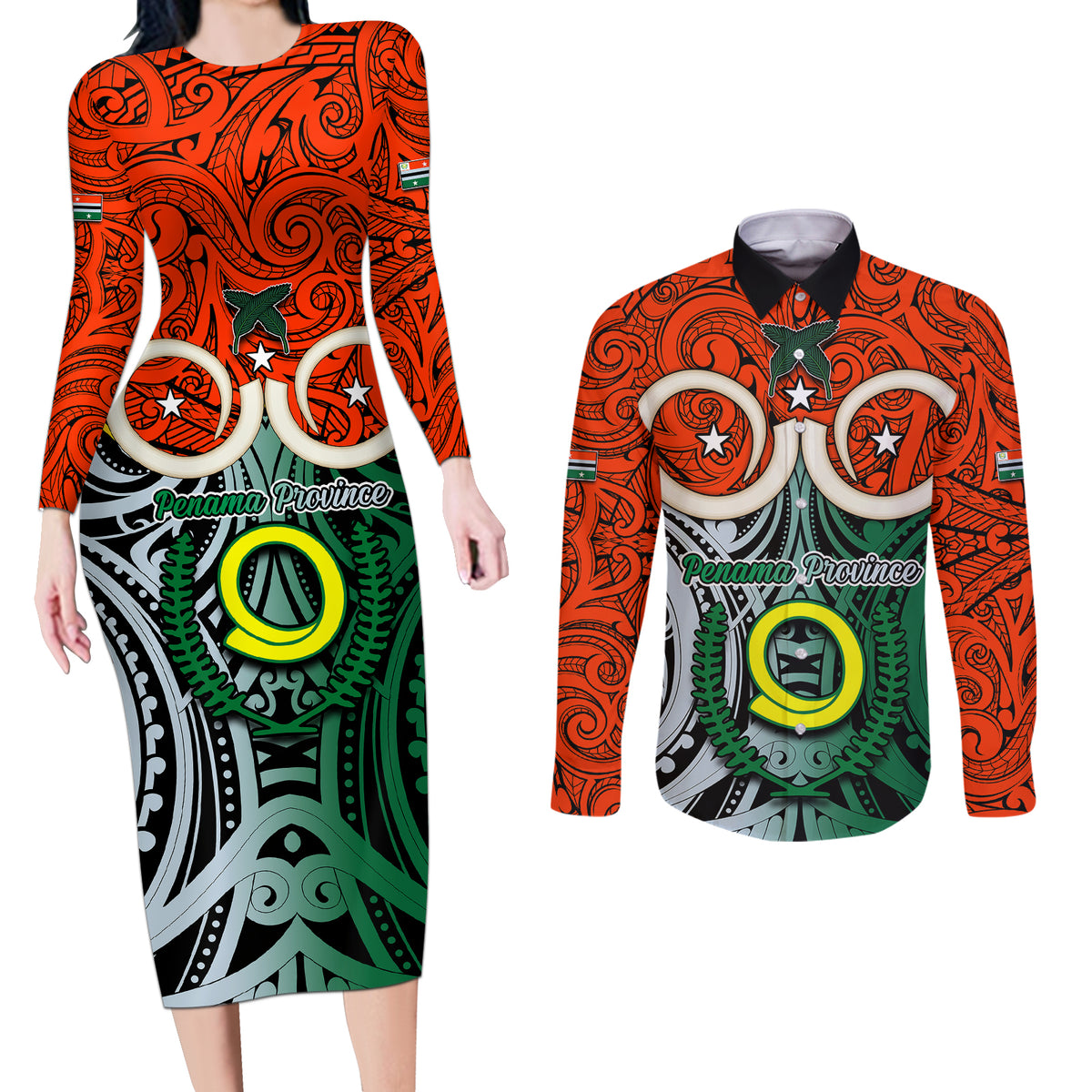 Personalised Vanuatu Penama Province Couples Matching Long Sleeve Bodycon Dress and Long Sleeve Button Shirts Pig Tusk Mix Maori Pattern and Namele Leaf LT03 Orange - Polynesian Pride