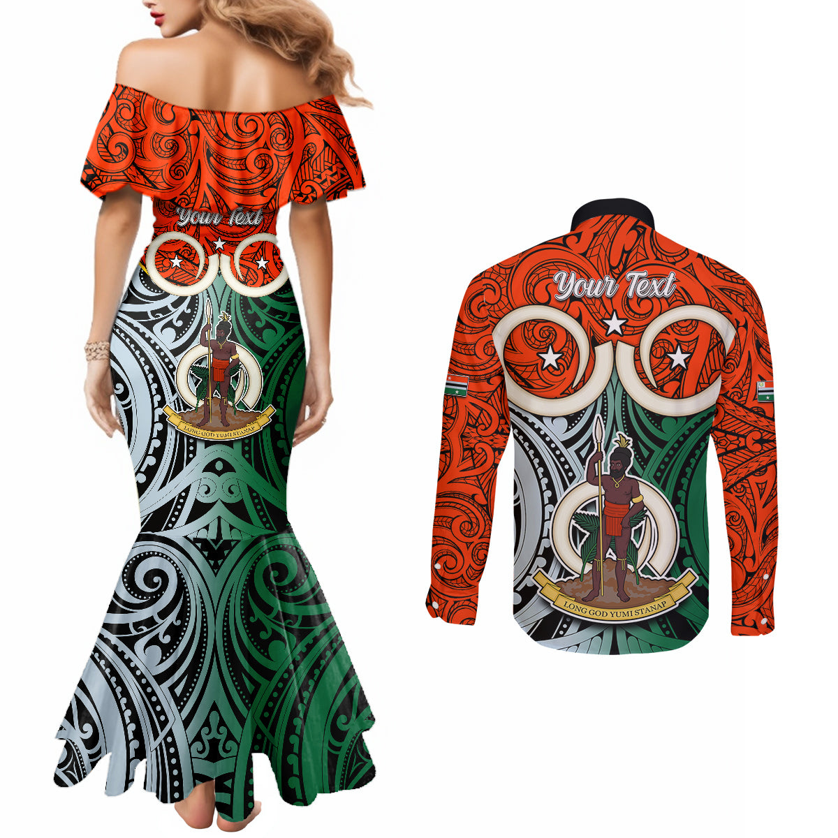 Personalised Vanuatu Penama Province Couples Matching Mermaid Dress and Long Sleeve Button Shirts Pig Tusk Mix Maori Pattern and Namele Leaf LT03 - Polynesian Pride