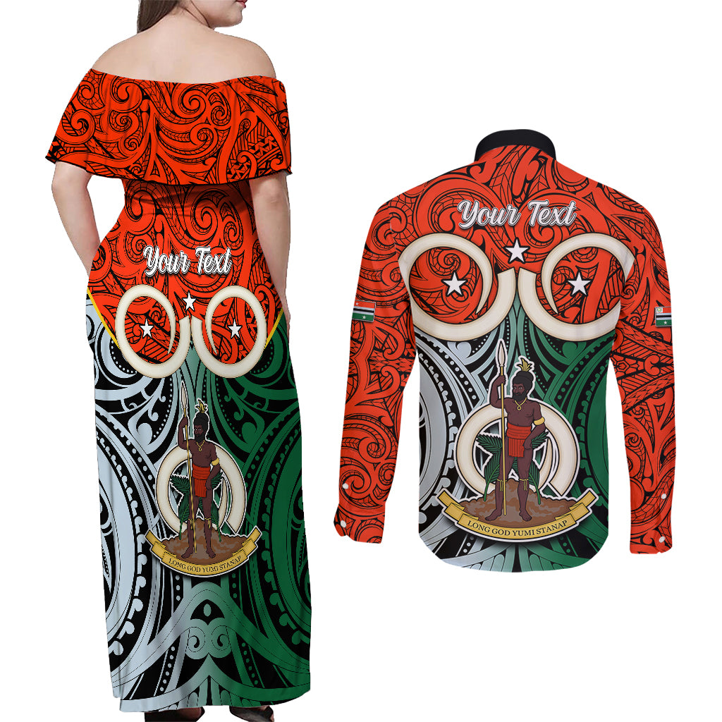 Personalised Vanuatu Penama Province Couples Matching Off Shoulder Maxi Dress and Long Sleeve Button Shirts Pig Tusk Mix Maori Pattern and Namele Leaf LT03 - Polynesian Pride