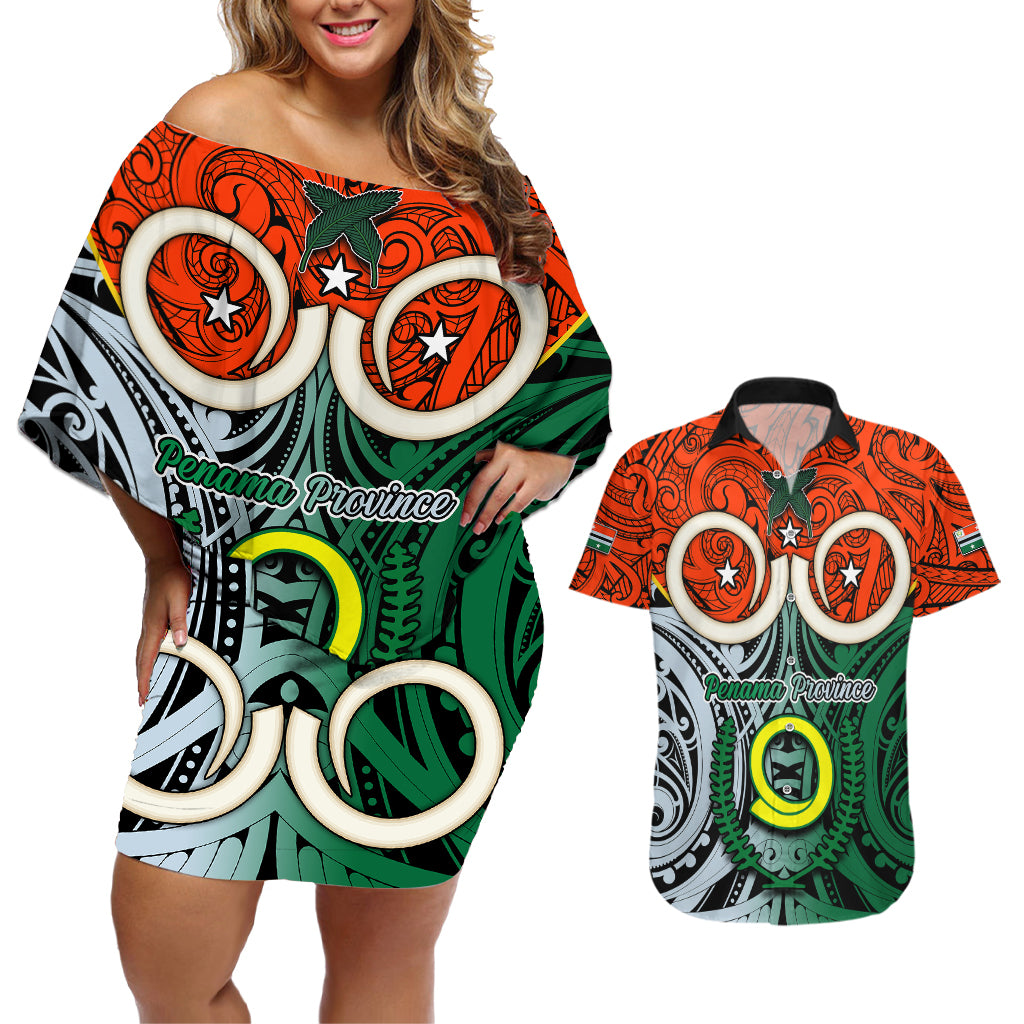 Personalised Vanuatu Penama Province Couples Matching Off Shoulder Short Dress and Hawaiian Shirt Pig Tusk Mix Maori Pattern and Namele Leaf LT03 Orange - Polynesian Pride