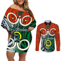 Personalised Vanuatu Penama Province Couples Matching Off Shoulder Short Dress and Long Sleeve Button Shirts Pig Tusk Mix Maori Pattern and Namele Leaf LT03 Orange - Polynesian Pride