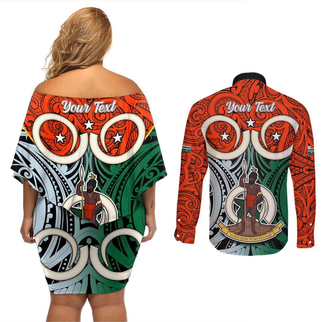 Personalised Vanuatu Penama Province Couples Matching Off Shoulder Short Dress and Long Sleeve Button Shirts Pig Tusk Mix Maori Pattern and Namele Leaf LT03 - Polynesian Pride