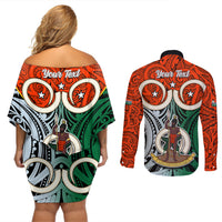 Personalised Vanuatu Penama Province Couples Matching Off Shoulder Short Dress and Long Sleeve Button Shirts Pig Tusk Mix Maori Pattern and Namele Leaf LT03 - Polynesian Pride