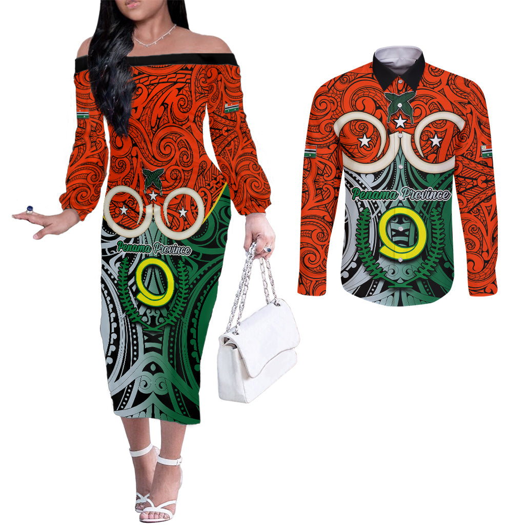 Personalised Vanuatu Penama Province Couples Matching Off The Shoulder Long Sleeve Dress and Long Sleeve Button Shirts Pig Tusk Mix Maori Pattern and Namele Leaf LT03 Orange - Polynesian Pride