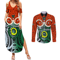 Personalised Vanuatu Penama Province Couples Matching Summer Maxi Dress and Long Sleeve Button Shirts Pig Tusk Mix Maori Pattern and Namele Leaf LT03 Orange - Polynesian Pride